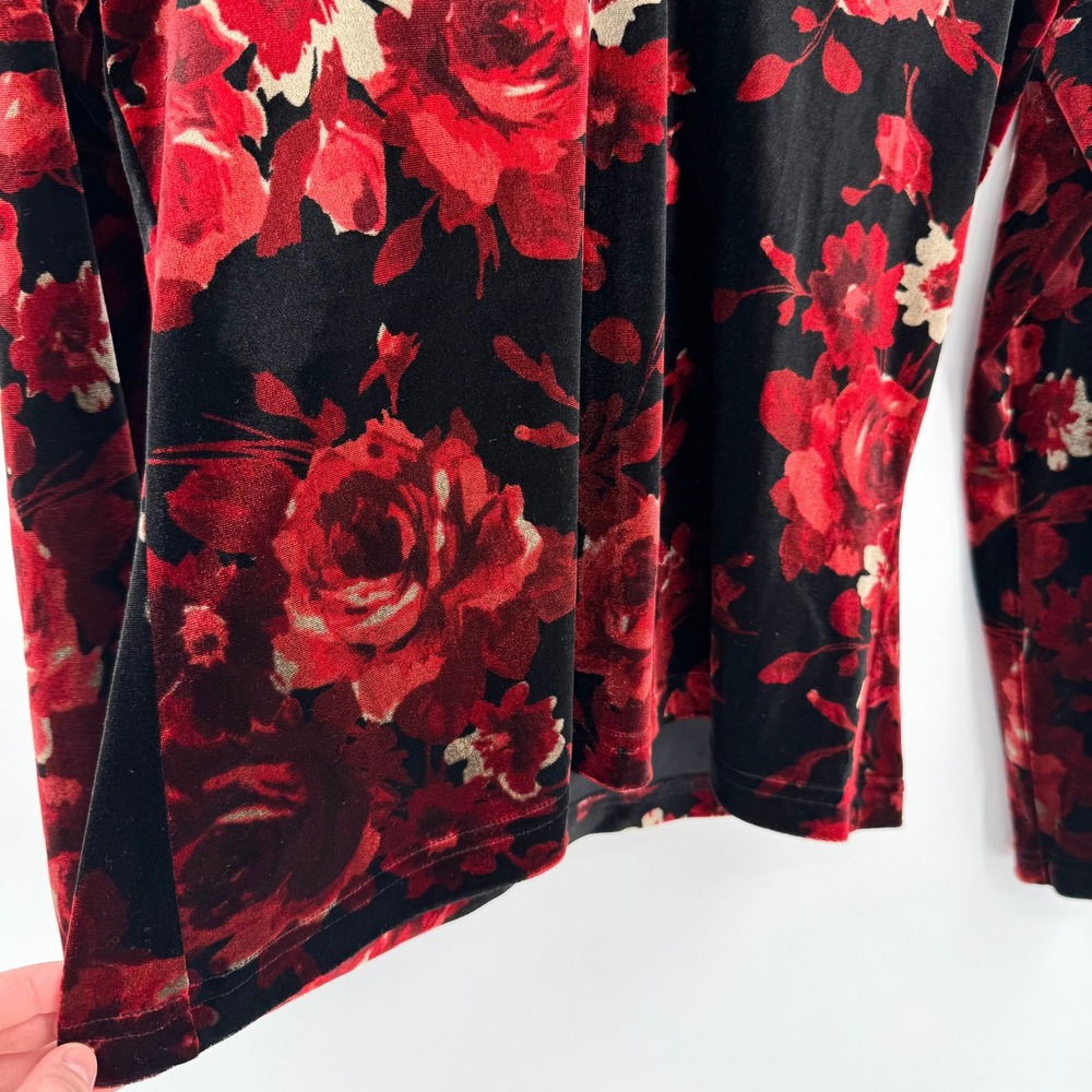 Karen Kane Y2K Long Sleeve Black/Red V-Neck Rose Velour Top Women's Sz XL - Picture 3 of 11